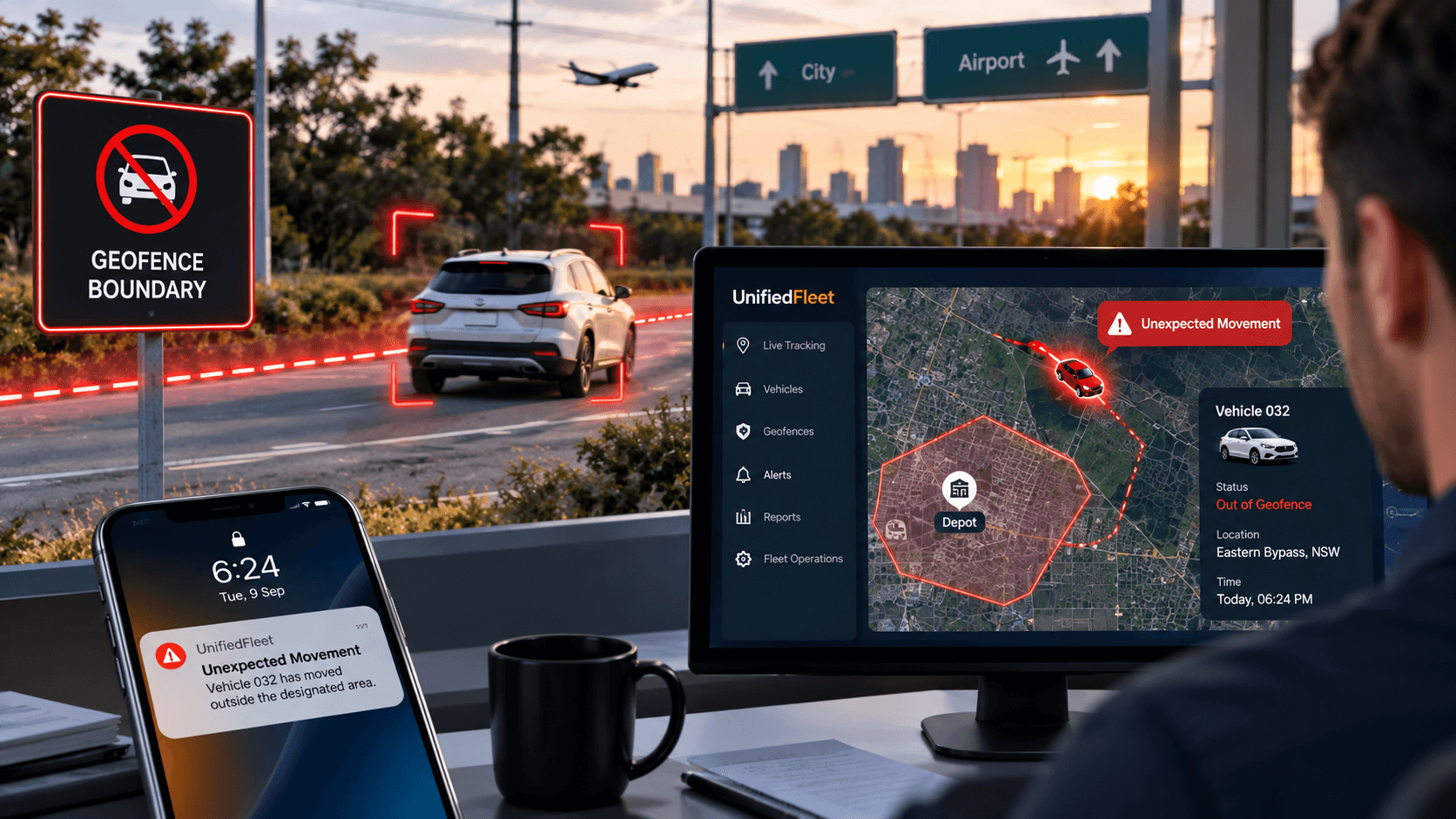 Rental vehicle parked at night with connected fleet visibility
