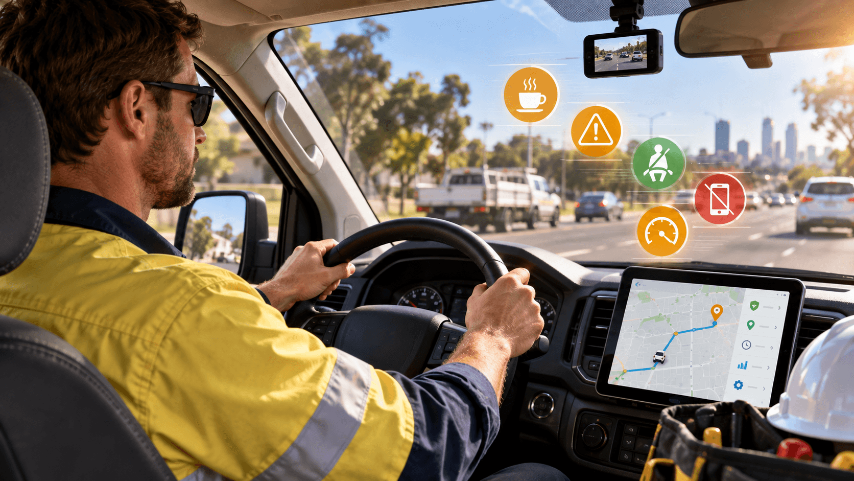 Field service technician beside a commercial service van with dash camera technology