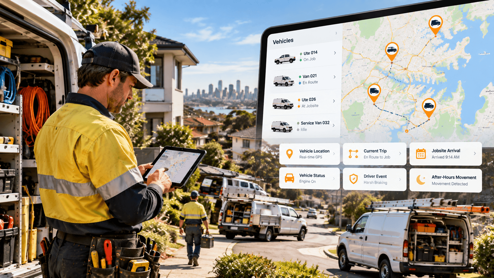 Trade utes and service vans displayed on a GPS fleet tracking map